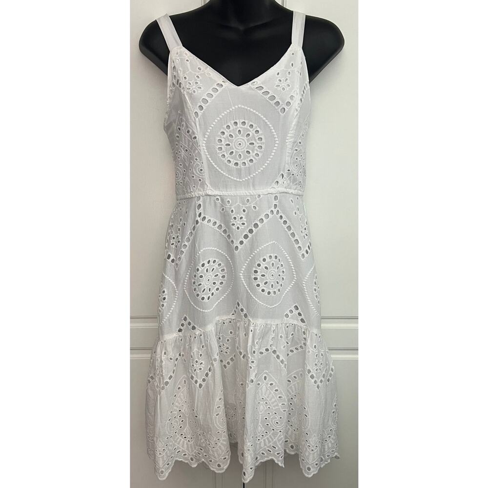 Japna White Eyelet Lace Ruffle Tiered Sleeveless Dress with Smocked Back Size S